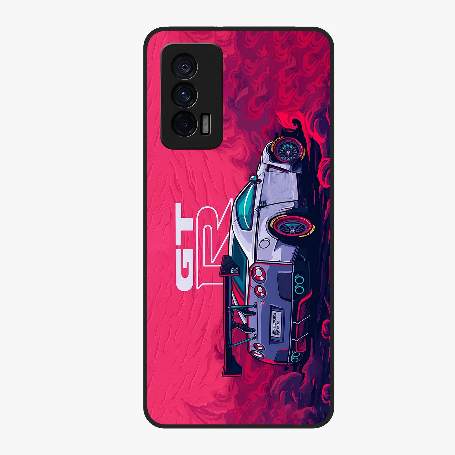 GT-R Car Pattern Glass Case showing flat back view with sporty car inspired pattern artwork and glossy glass finish.