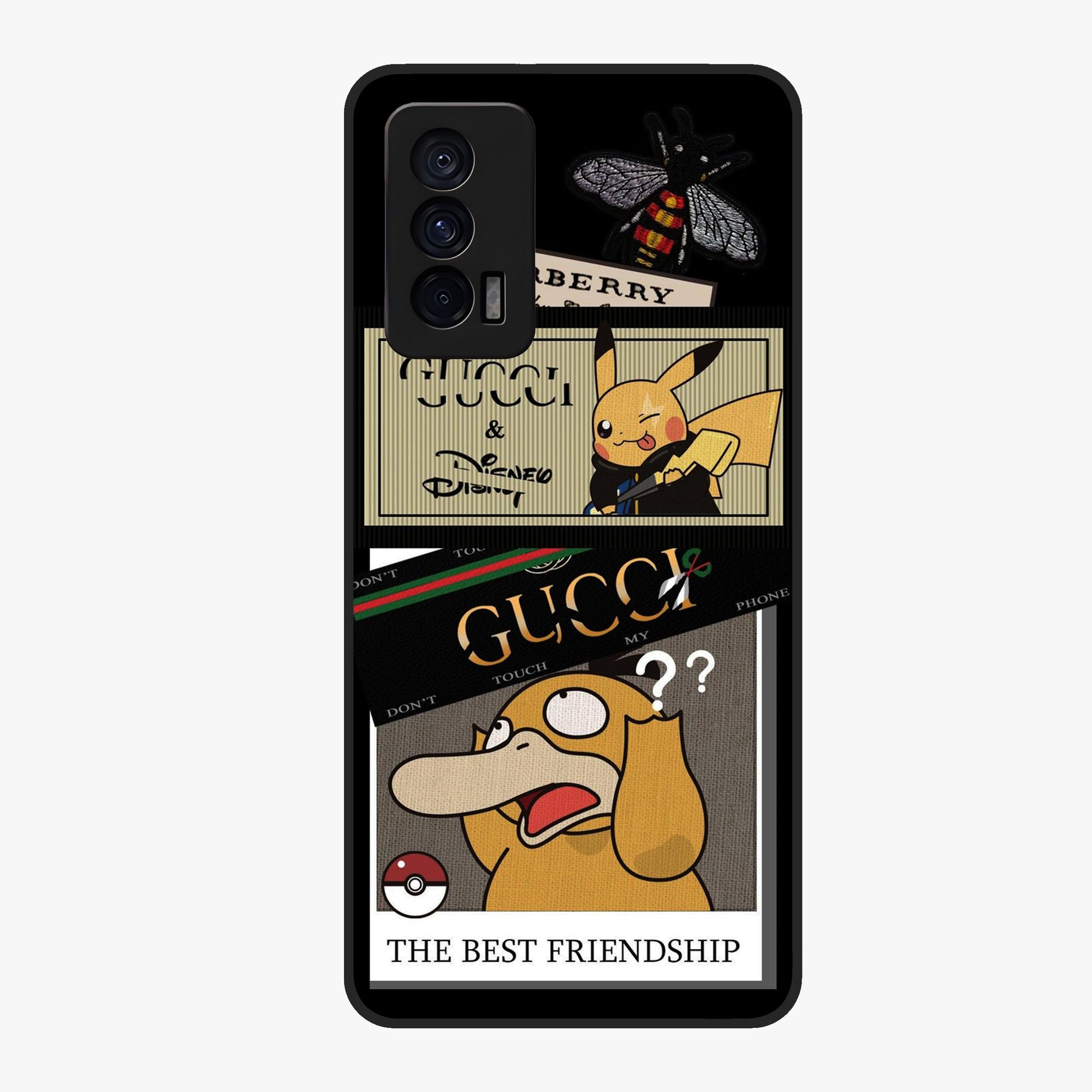 Gucci Play Mashup Glass Case showing flat back view with luxury inspired graphic artwork and glossy glass finish.