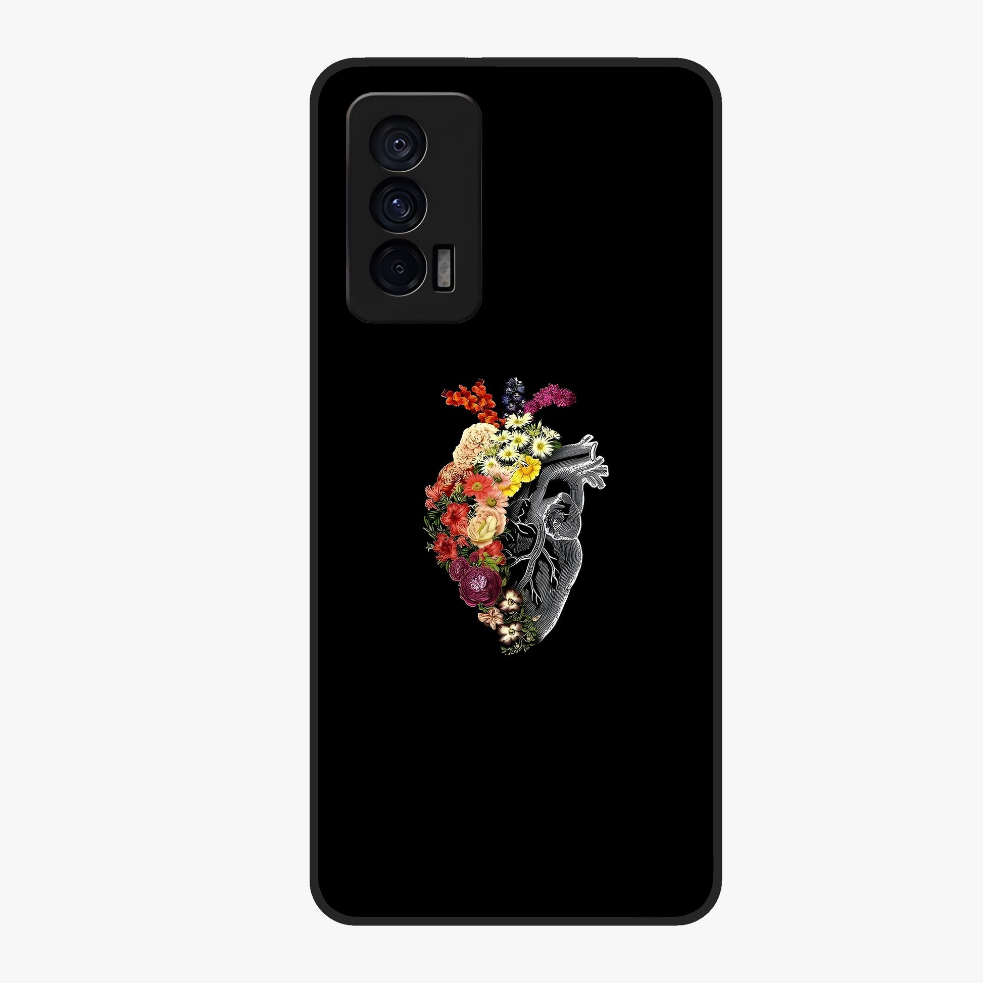 Heart With Flowers Glass Case showing flat back view with heart shaped floral artwork and glossy glass finish.