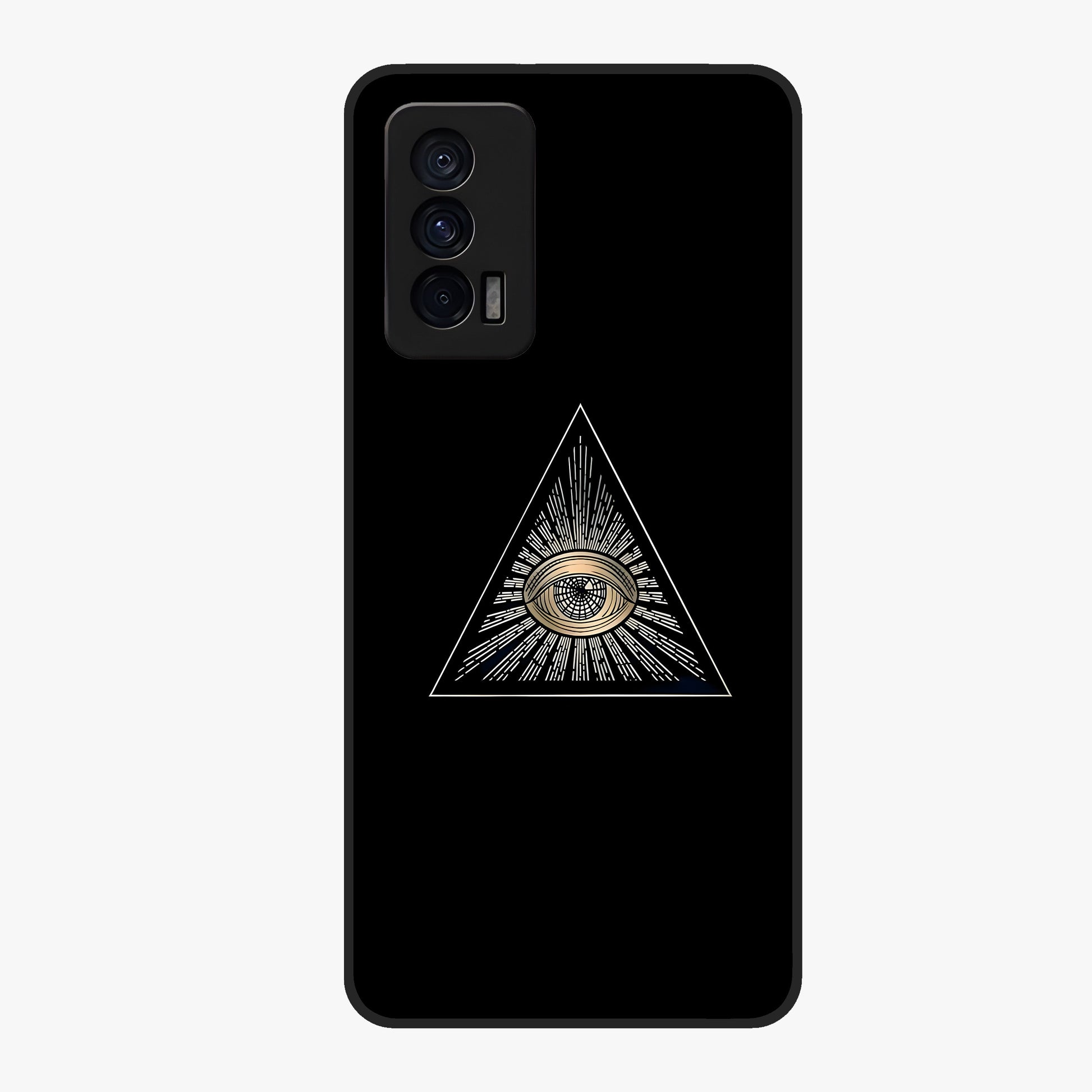 Illuminati Evil Glass Case showing flat back view with mysterious illuminati symbol artwork and glossy glass finish.