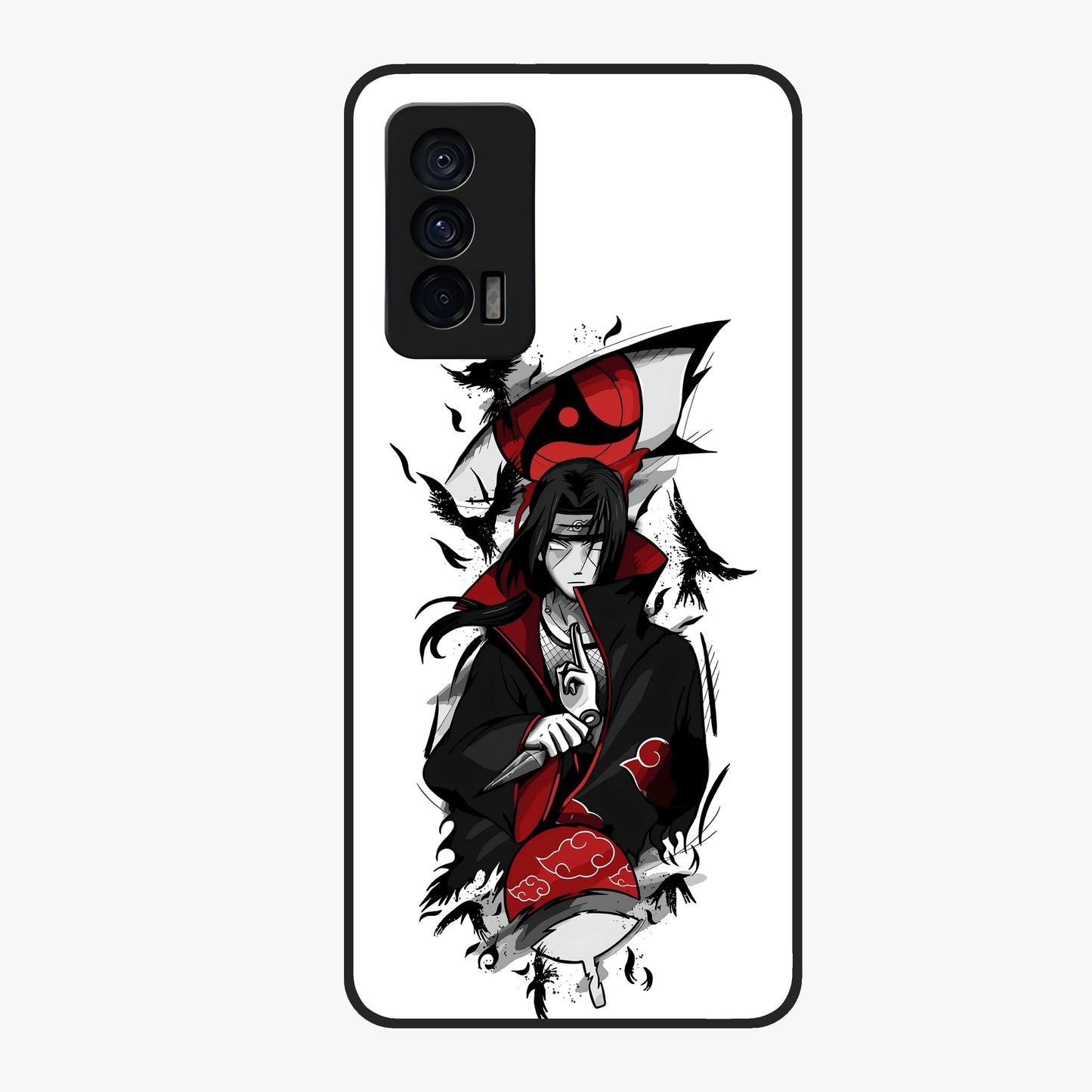 Itachi Sharingan Glass Case showing flat back view with powerful anime eye artwork and glossy glass finish.