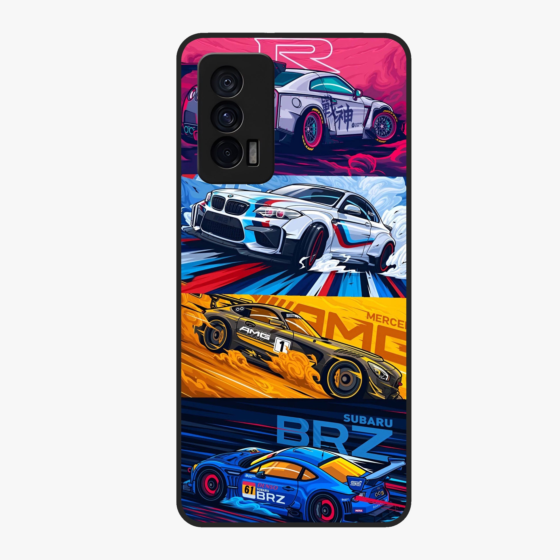 JDM Sports Car Glass Case showing flat back view with high performance sports car artwork and glossy glass finish.