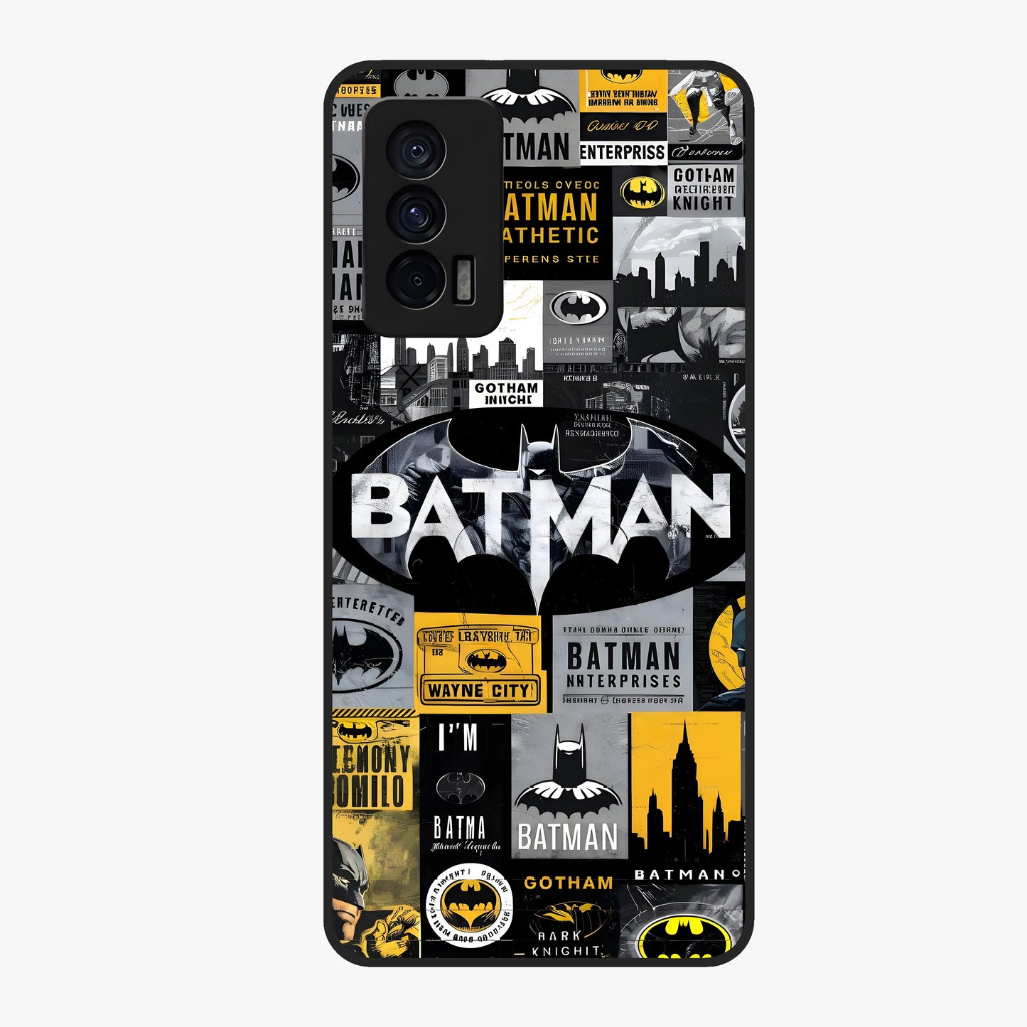 Knight Gotham Rise Glass Case showing flat back view with dark hero inspired artwork and glossy glass finish.