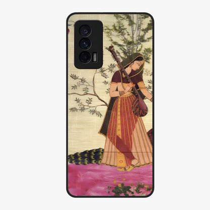 Lady With Veena Art Glass Case showing flat back view with elegant woman playing veena artwork and glossy glass finish.