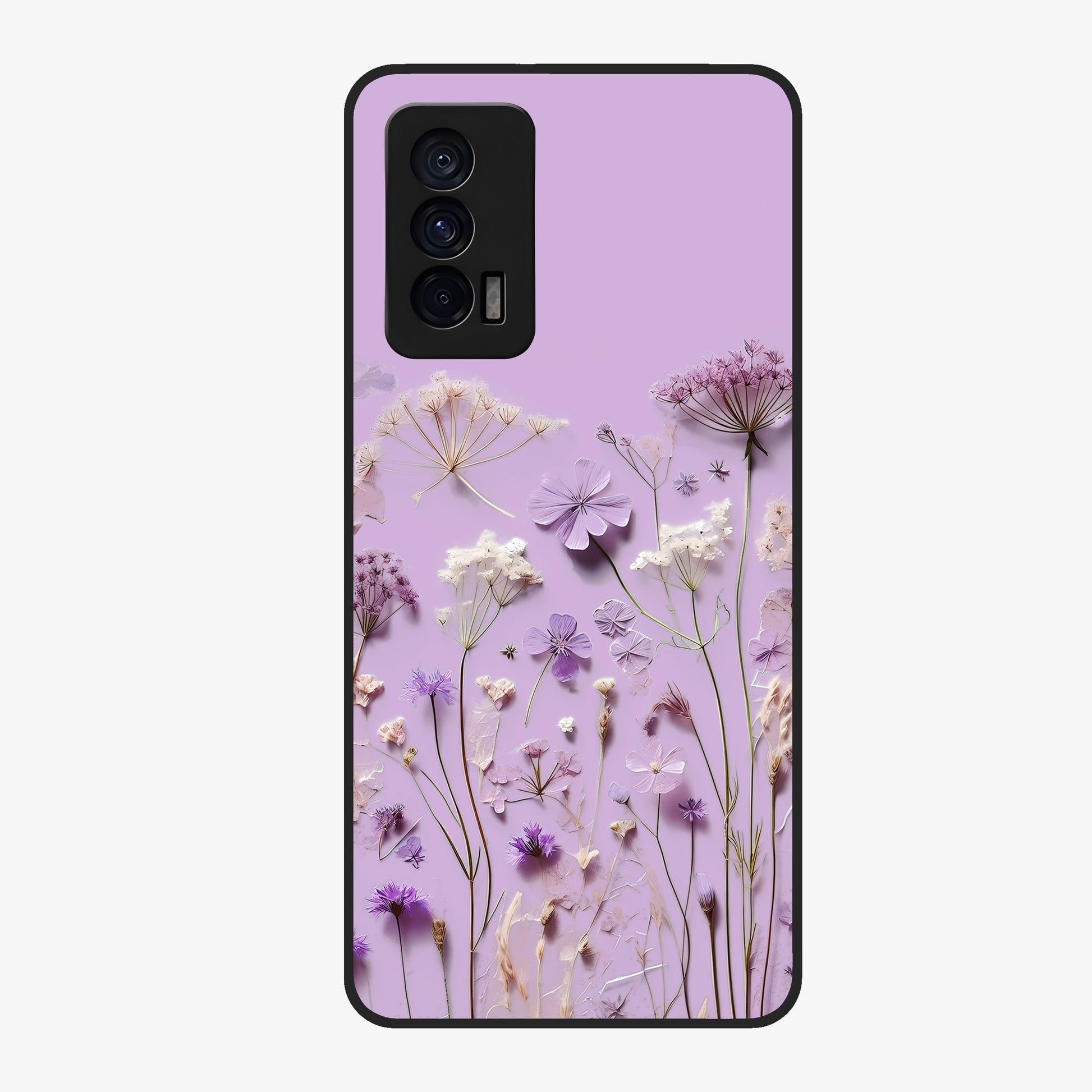 Lavender Blossom Dream Glass Case showing flat back view with soft lavender floral artwork and glossy glass finish.