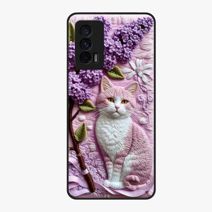 Lavender Cat Whimsy Glass Case showing flat back view with cute lavender cat artwork and glossy glass finish.