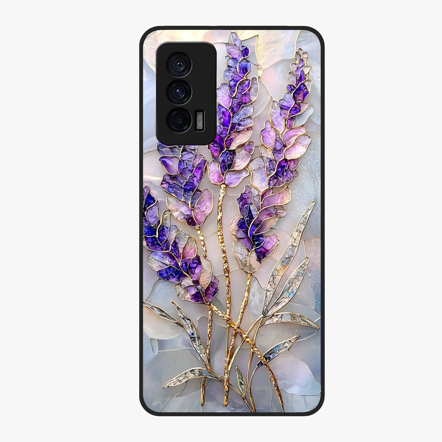 Lavender Dream Glow Glass Case showing flat back view with glowing lavender aesthetic artwork and glossy glass finish.