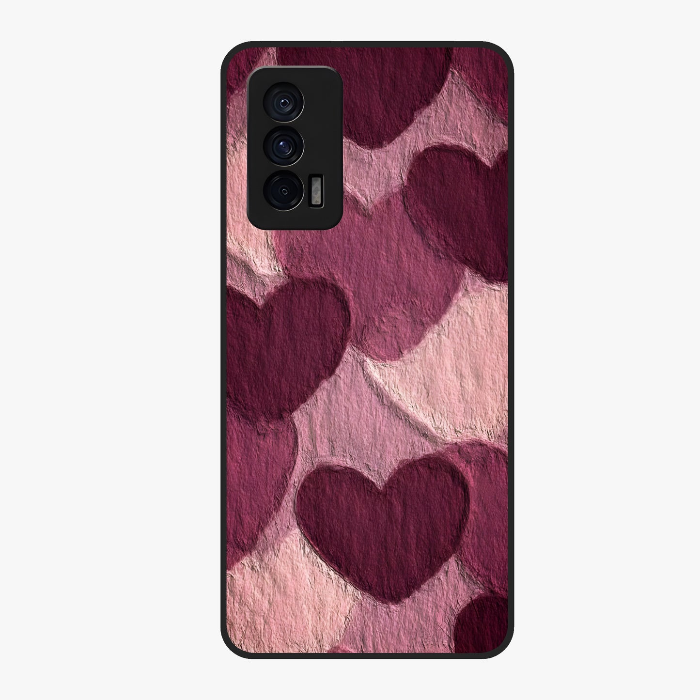 Layered Paper Hearts Glass Case showing flat back view with layered paper heart artwork and glossy glass finish.