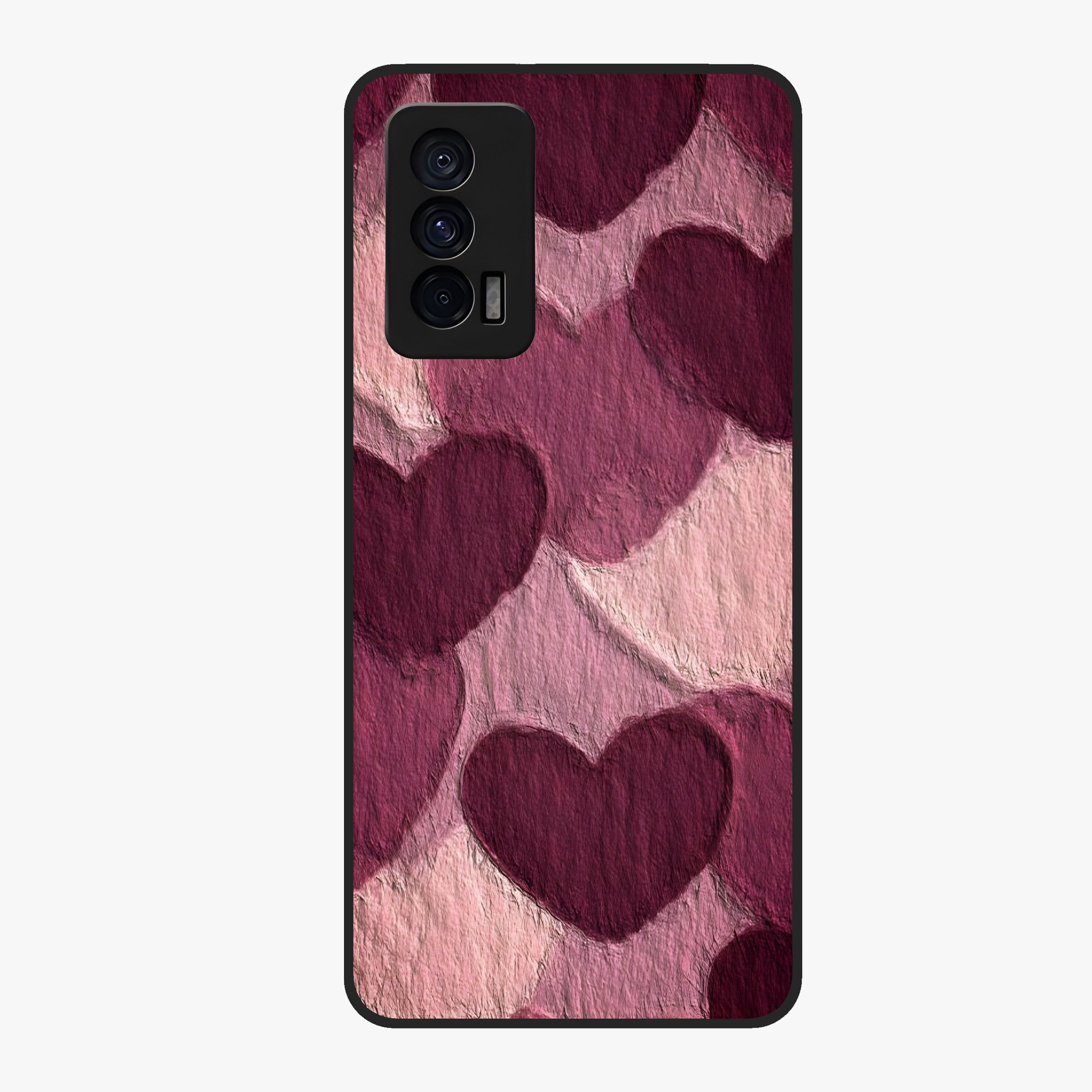 Layered Paper Hearts Glass Case showing flat back view with layered paper heart artwork and glossy glass finish.
