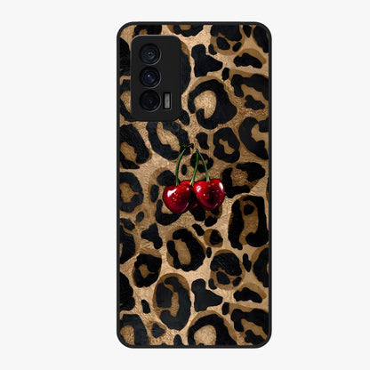Leopard Wild Cherry Glass Case showing flat back view with leopard pattern and cherry artwork and glossy glass finish.