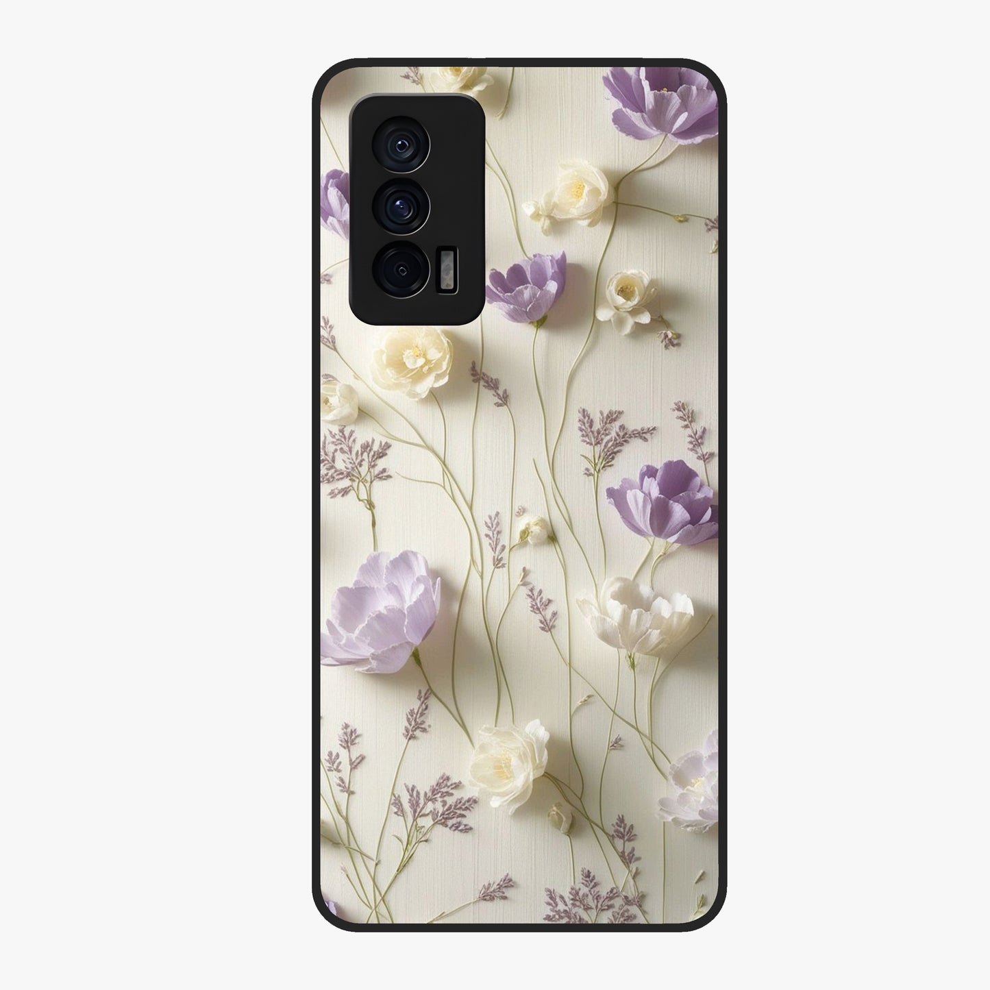 Lilac Breeze Harmony Glass Case showing flat back view with soft lilac themed artwork and glossy glass finish.