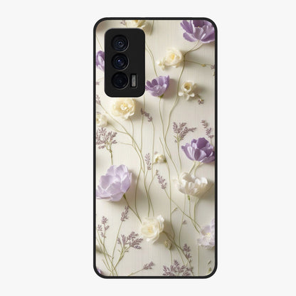 Lilac Breeze Harmony Glass Case showing flat back view with soft lilac themed artwork and glossy glass finish.