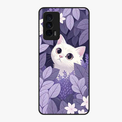 Lilac Hide Peek Cat Glass Case showing flat back view with cute peeking cat artwork and glossy glass finish.