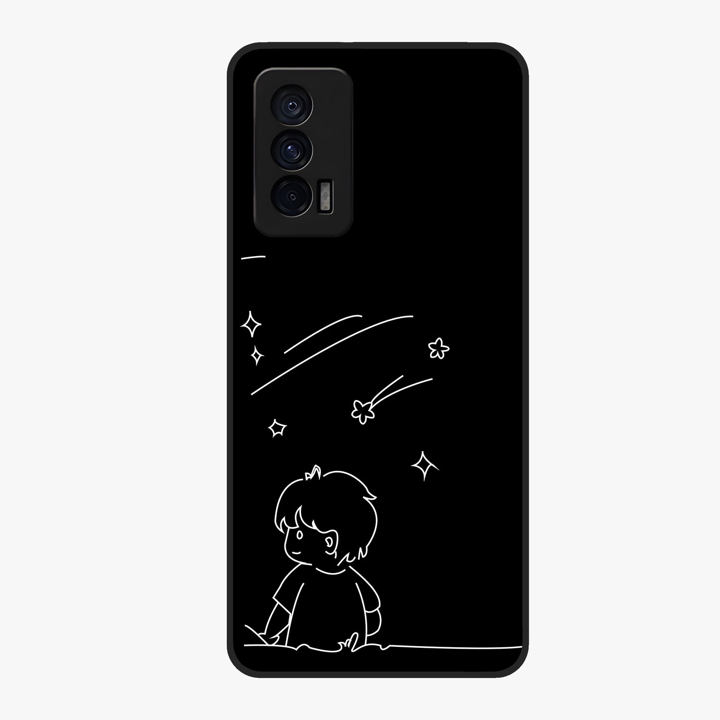Line Art Boy With Shooting Stars Glass Case showing flat back view with minimal line art boy and shooting stars illustration and glossy glass finish.