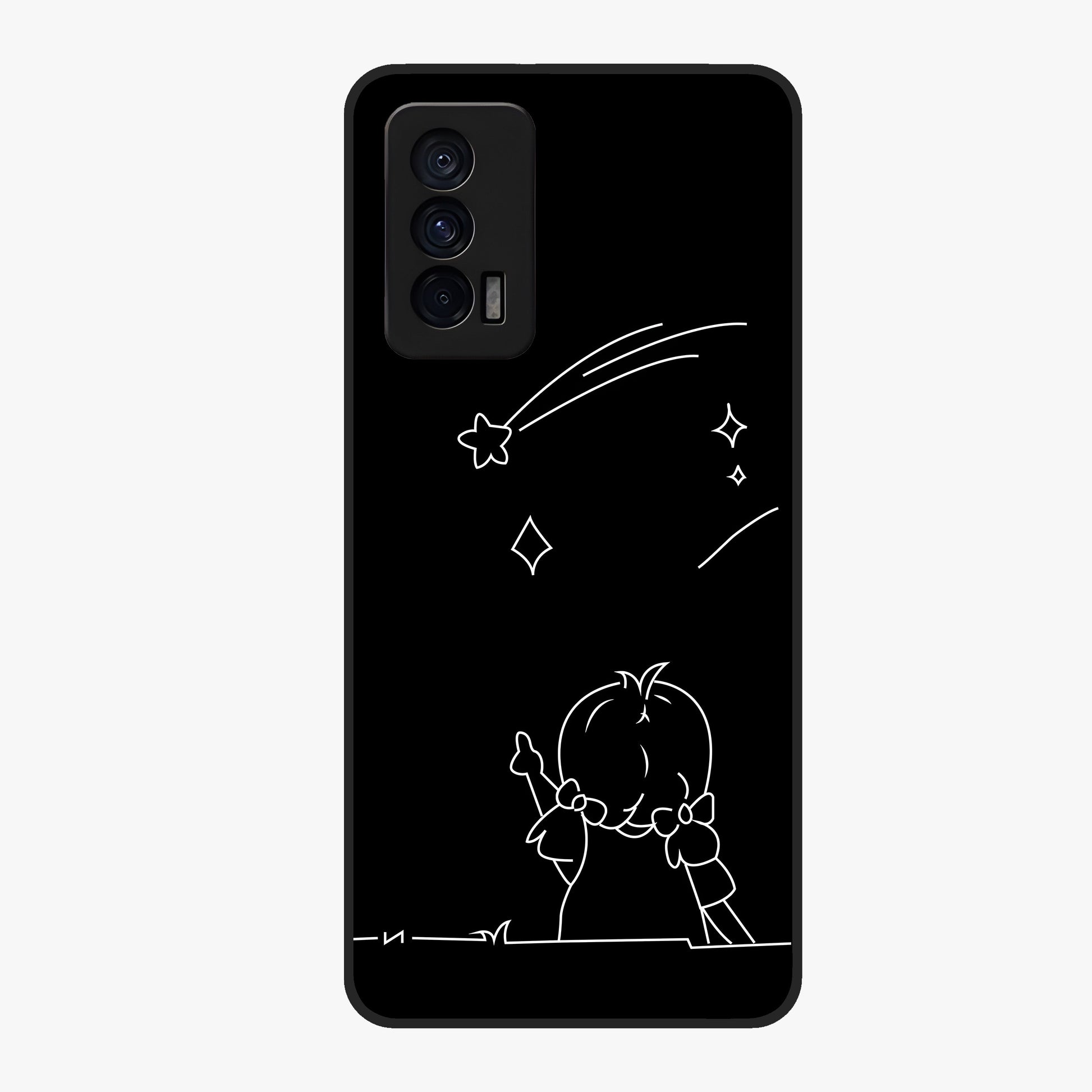 Line Art Girl With Shooting Stars Glass Case showing flat back view with minimal line art girl and shooting stars illustration and glossy glass finish.
