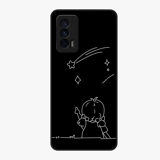 Line Art Girl With Shooting Stars Glass Case showing flat back view with minimal line art girl and shooting stars illustration and glossy glass finish.