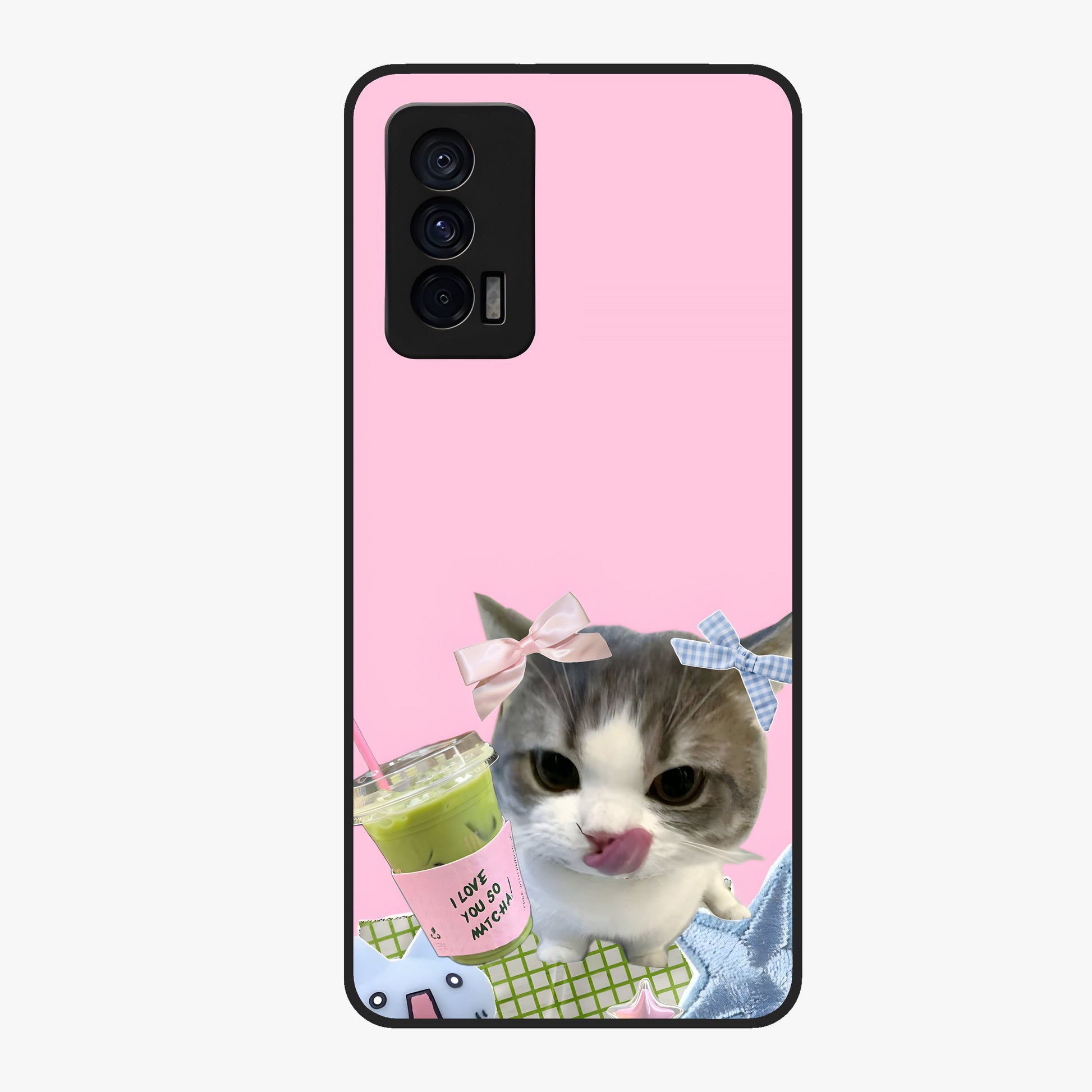 Love Matcha Cat Glass Case showing flat back view with cute cat and matcha themed artwork and glossy glass finish.