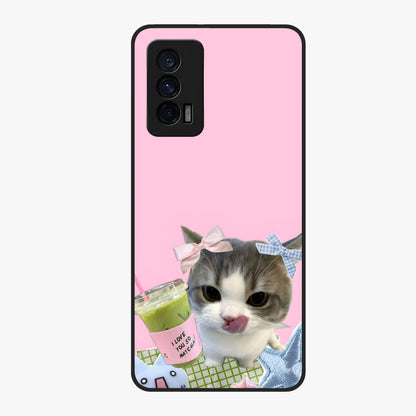 Love Matcha Cat Glass Case showing flat back view with cute cat and matcha themed artwork and glossy glass finish.