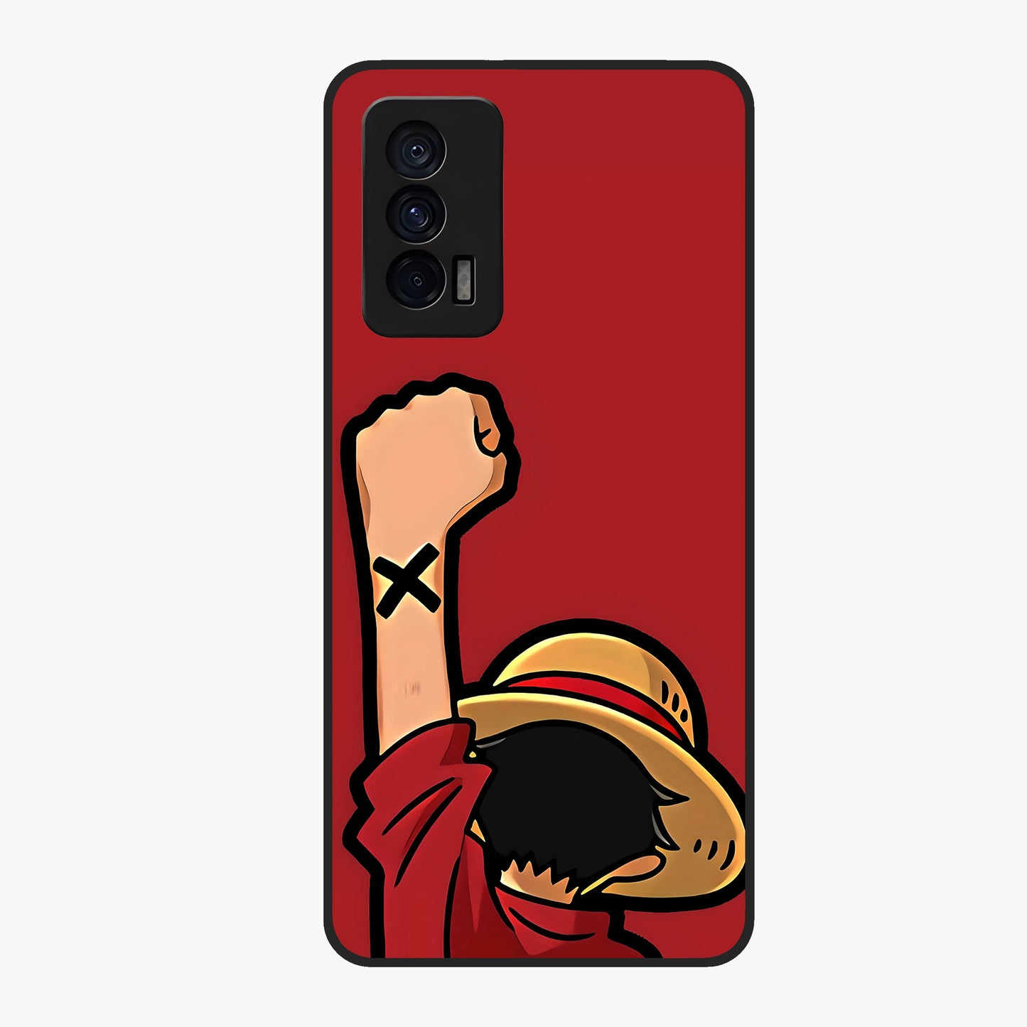 Luffy X Spirit Glass Case showing flat back view with bold anime character artwork and glossy glass finish.