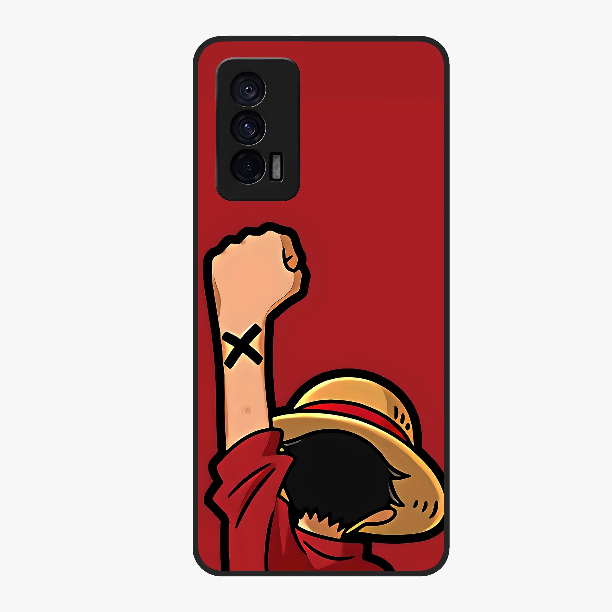 Luffy X Spirit Glass Case showing flat back view with bold anime character artwork and glossy glass finish.