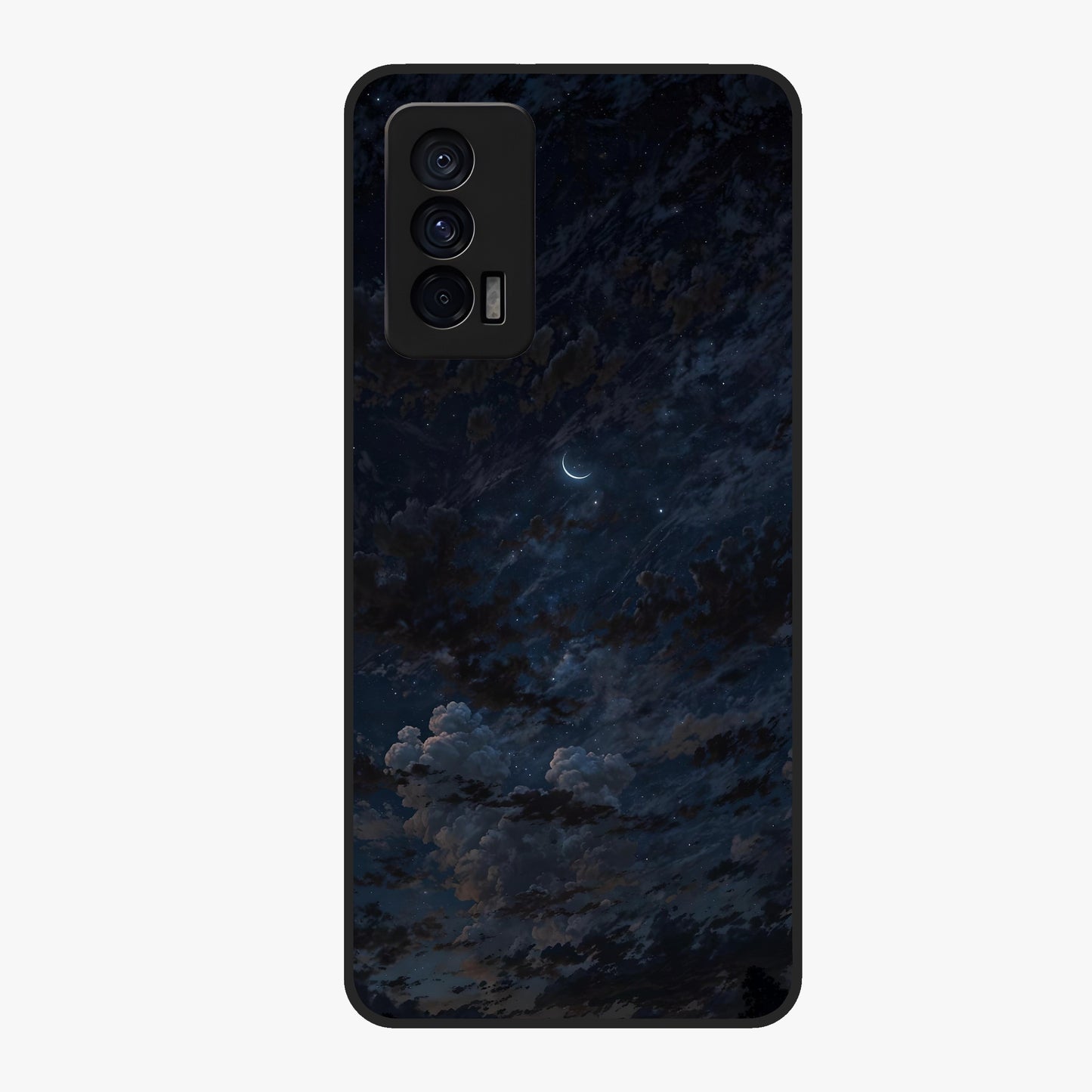 Lunar Veil Silence Glass Case showing flat back view with mystical moon veil artwork and glossy glass finish.