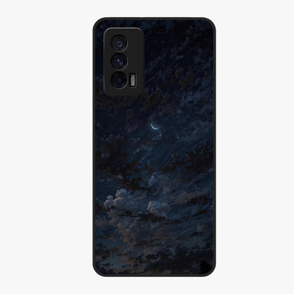 Lunar Veil Silence Glass Case showing flat back view with mystical moon veil artwork and glossy glass finish.