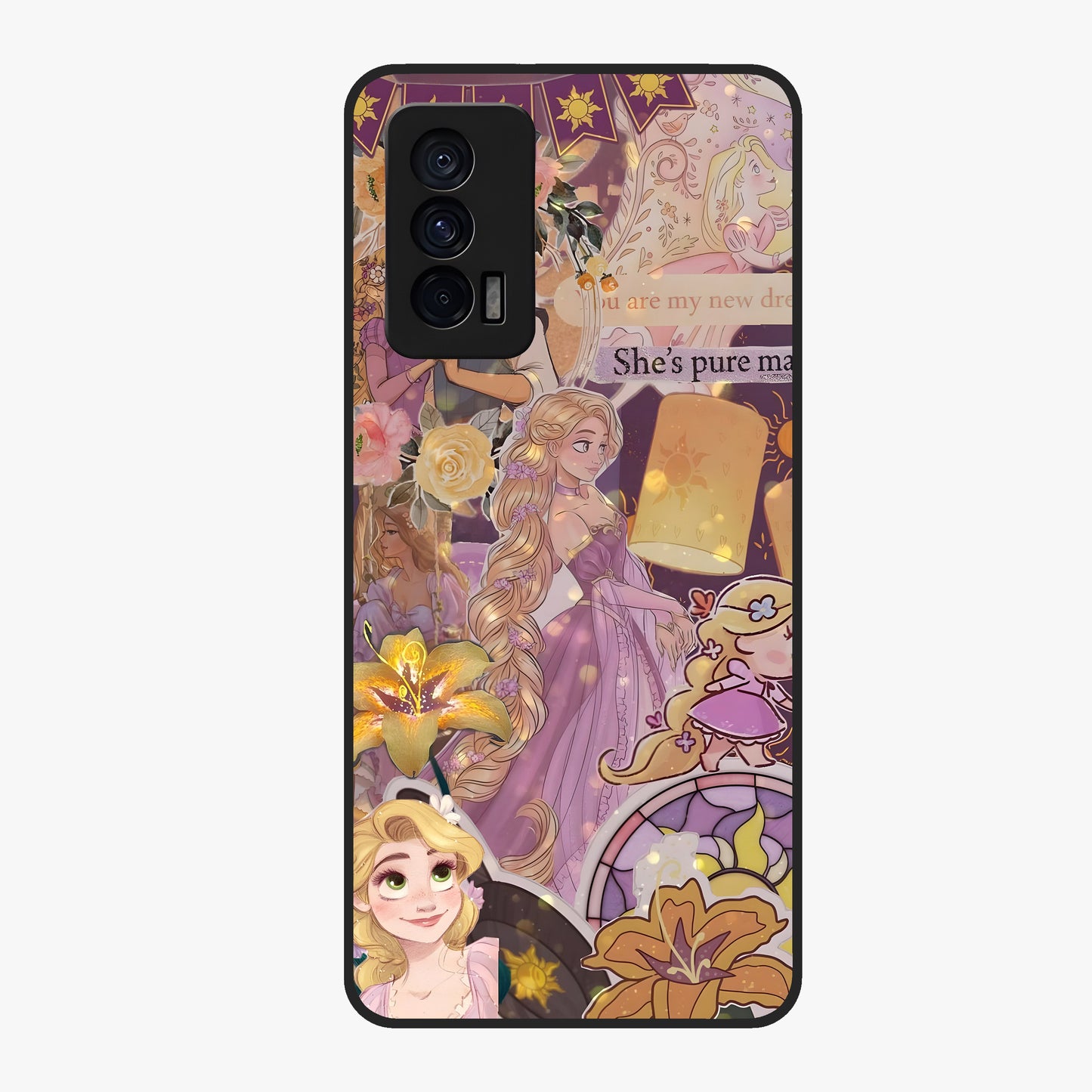 Magical Tangled Dream Glass Case showing flat back view with dreamy tangled artwork and glossy glass finish.