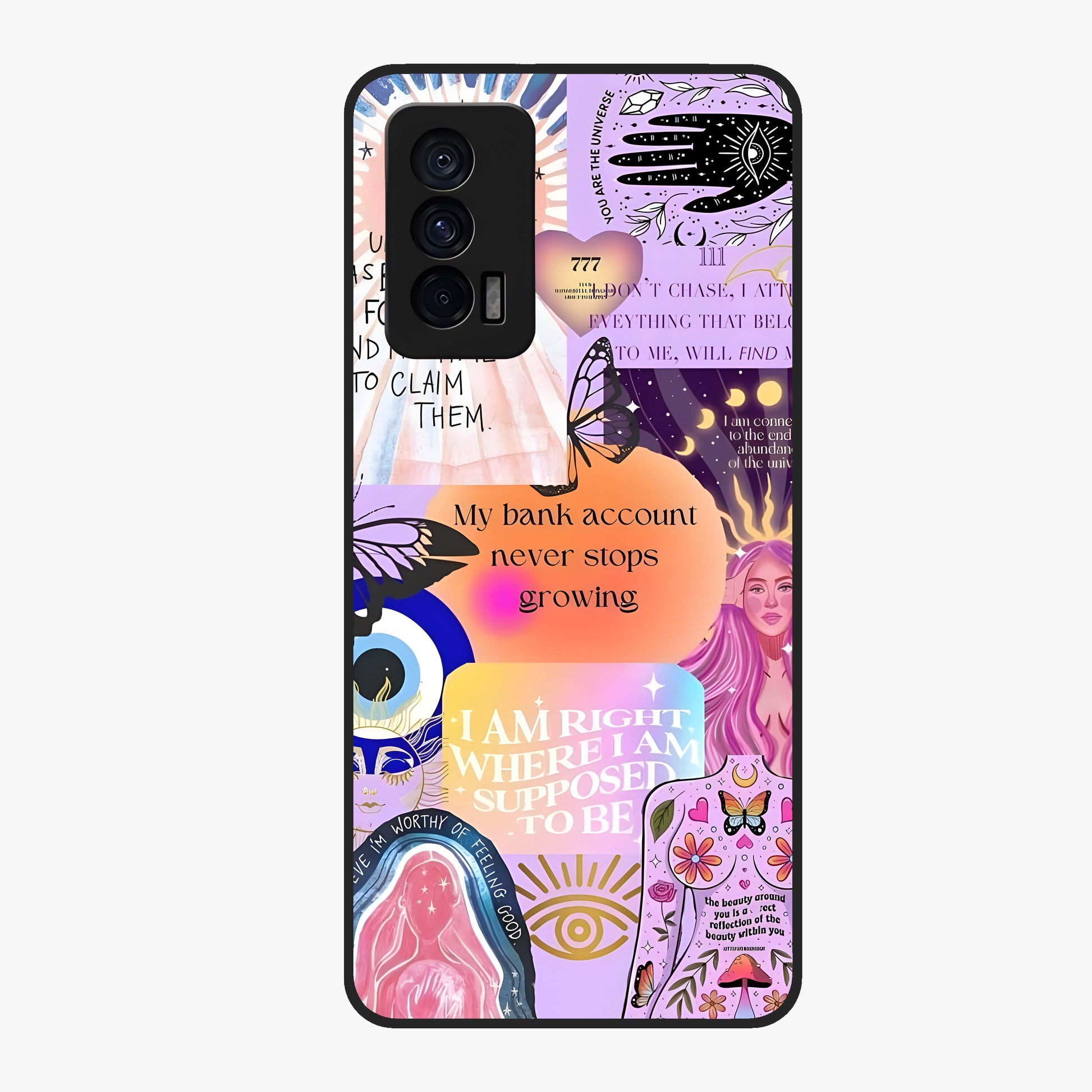 Manifestation Collage Glass Case showing flat back view with motivational collage artwork and glossy glass finish.