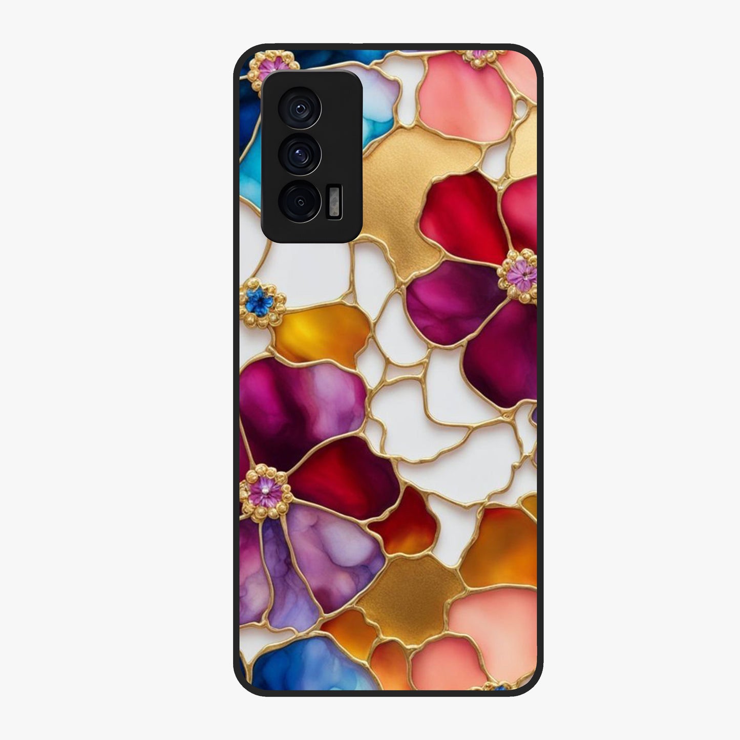 Marble Flower Pattern Glass Case showing flat back view with marble texture floral artwork and glossy glass finish.