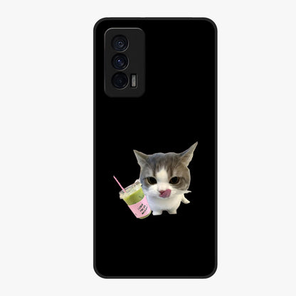 Matcha Cat Style Glass Case showing flat back view with cute matcha themed cat artwork and glossy glass finish.