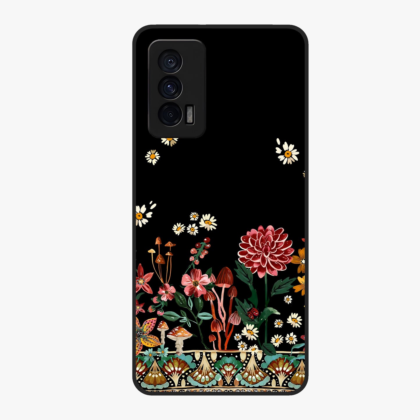 Midnight Bloom Pattern Glass Case showing flat back view with dark floral pattern artwork and glossy glass finish.