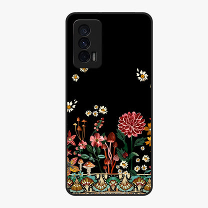 Midnight Bloom Pattern Glass Case showing flat back view with dark floral pattern artwork and glossy glass finish.