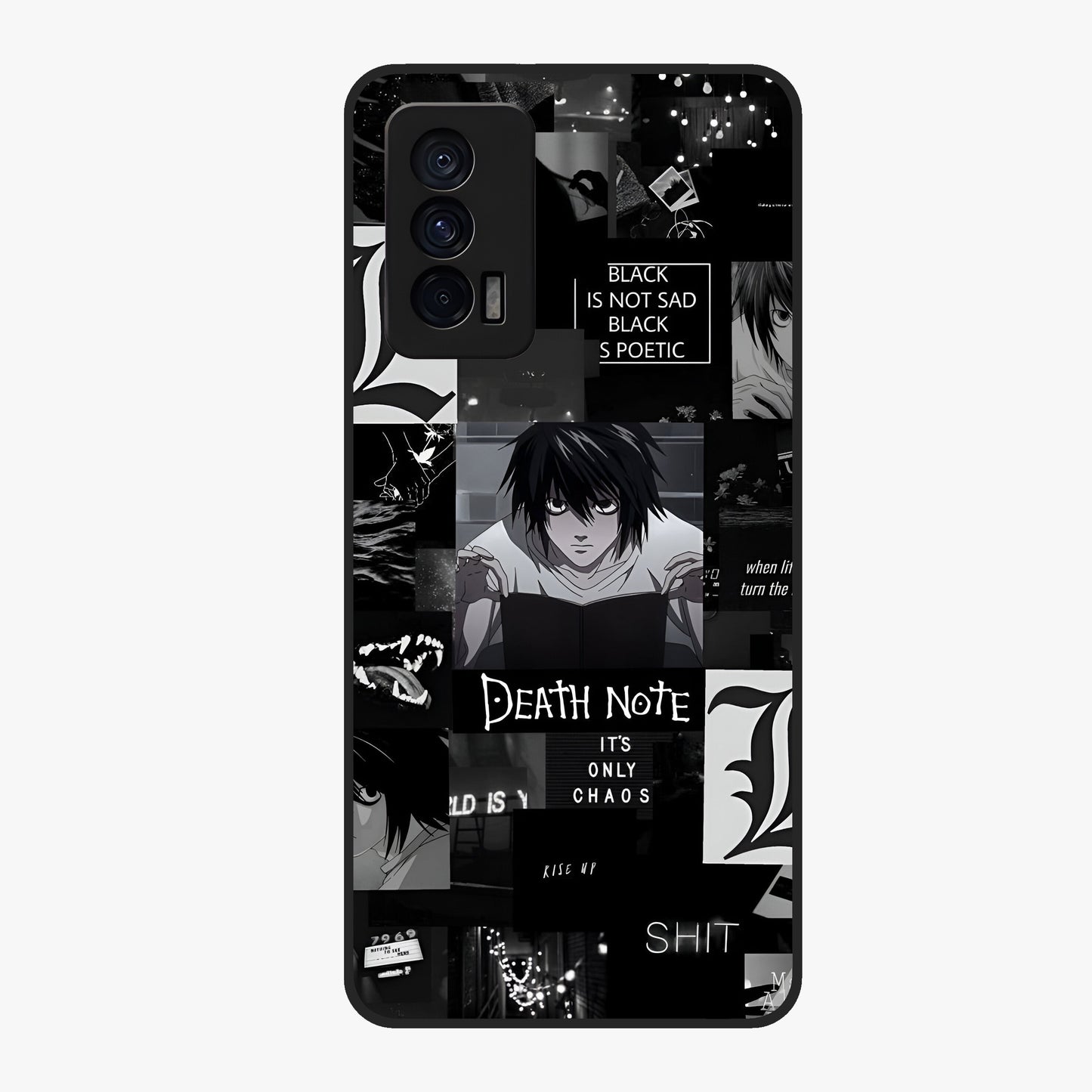 Midnight Chaos Mind Glass Case showing flat back view with abstract dark themed artwork and glossy glass finish.