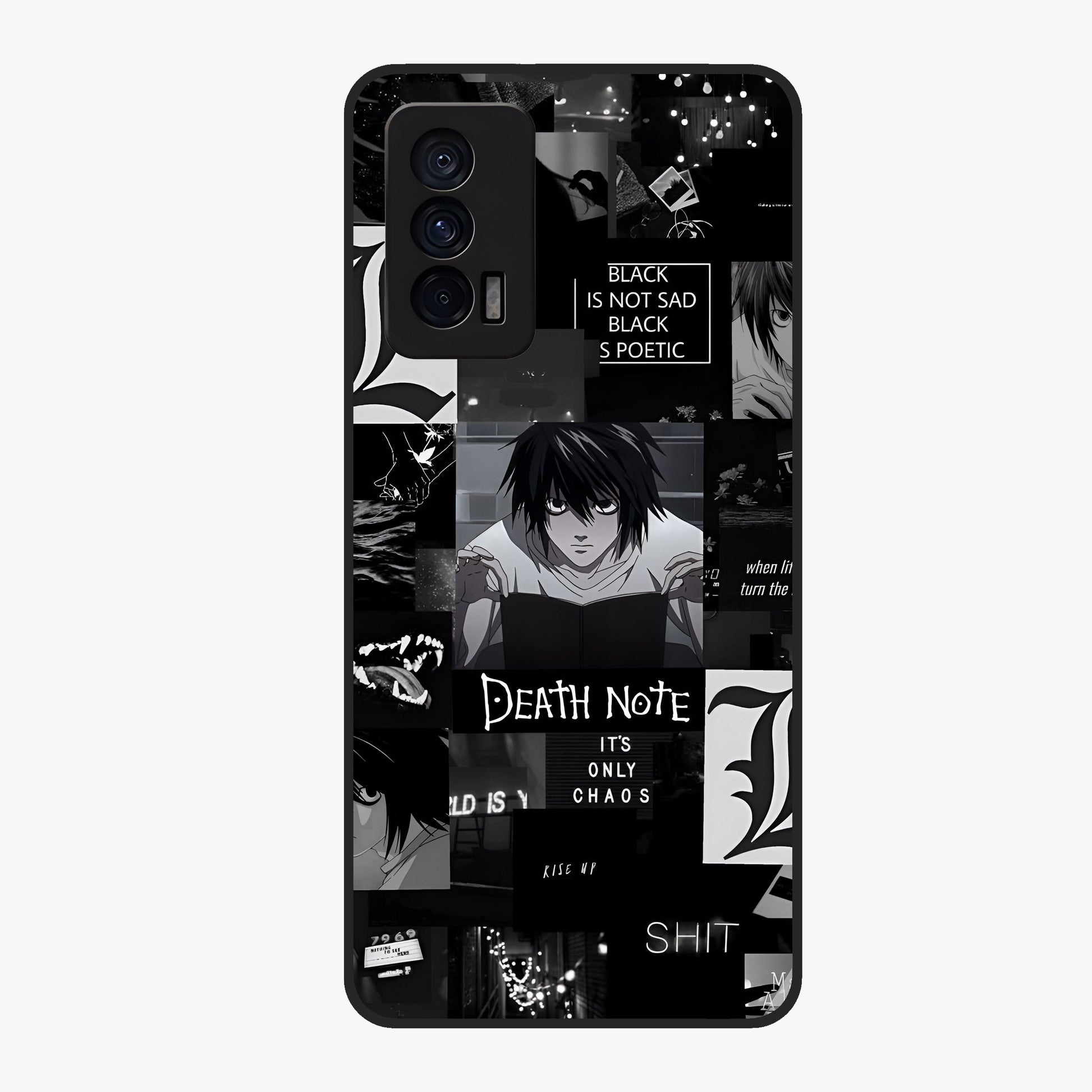 Midnight Chaos Mind Glass Case showing flat back view with abstract dark themed artwork and glossy glass finish.