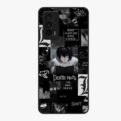 Midnight Chaos Mind Glass Case showing flat back view with abstract dark themed artwork and glossy glass finish.