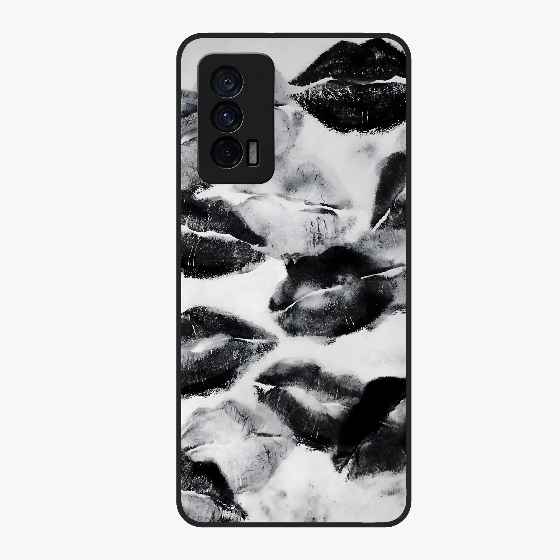 Midnight Kiss Marks Glass Case showing flat back view with lipstick kiss mark artwork and glossy glass finish.