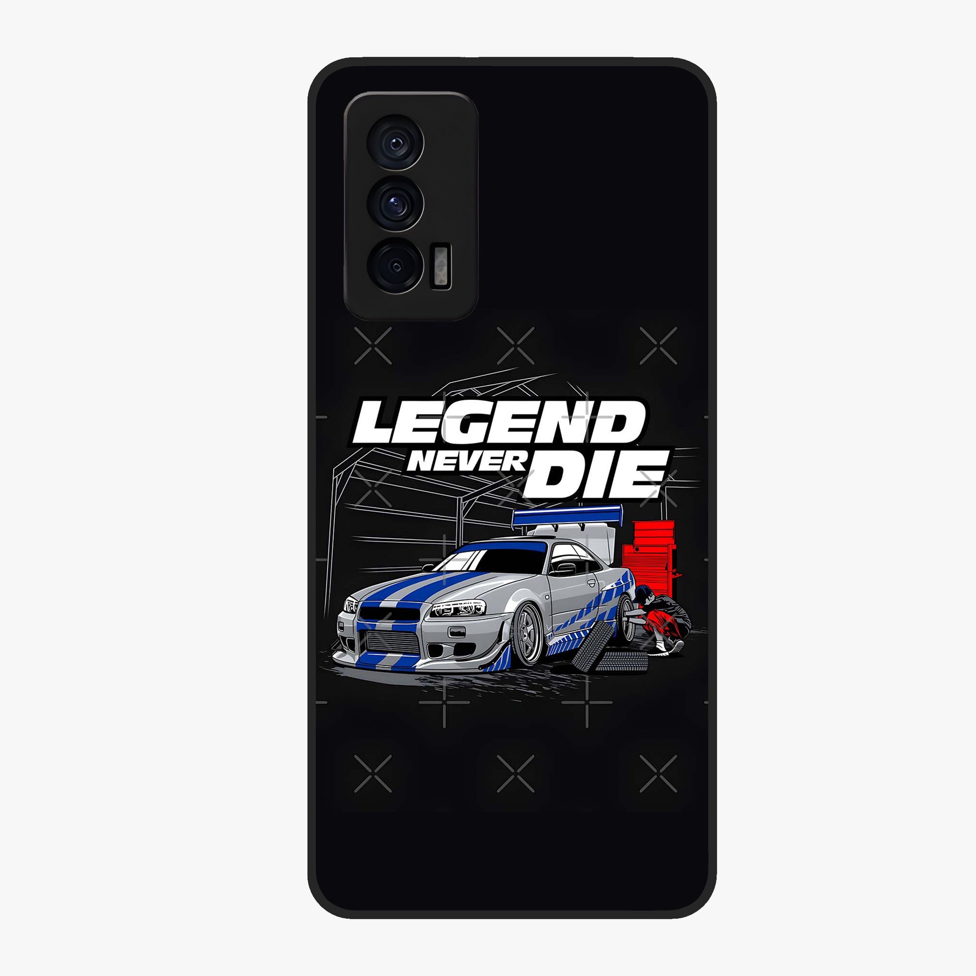 Midnight Racing Legacy Glass Case showing flat back view with sleek racing inspired artwork and glossy glass finish.