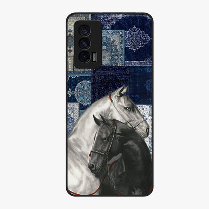 Midnight Stallion Blues Glass Case showing flat back view with majestic horse artwork and glossy glass finish.