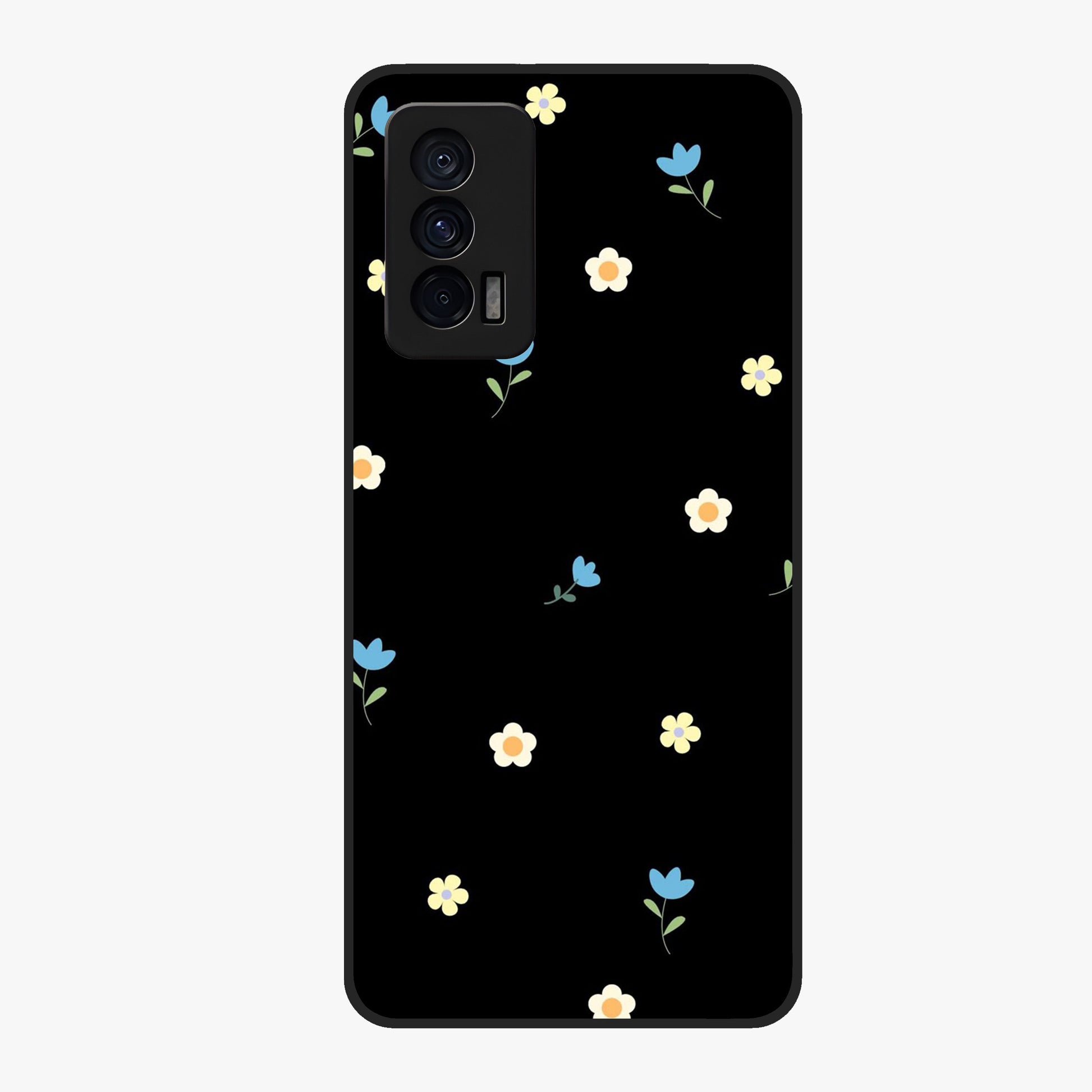 Minimalistic Blue With White Flower Pattern Glass Case showing flat back view with blue background and white flower pattern and glossy glass finish.