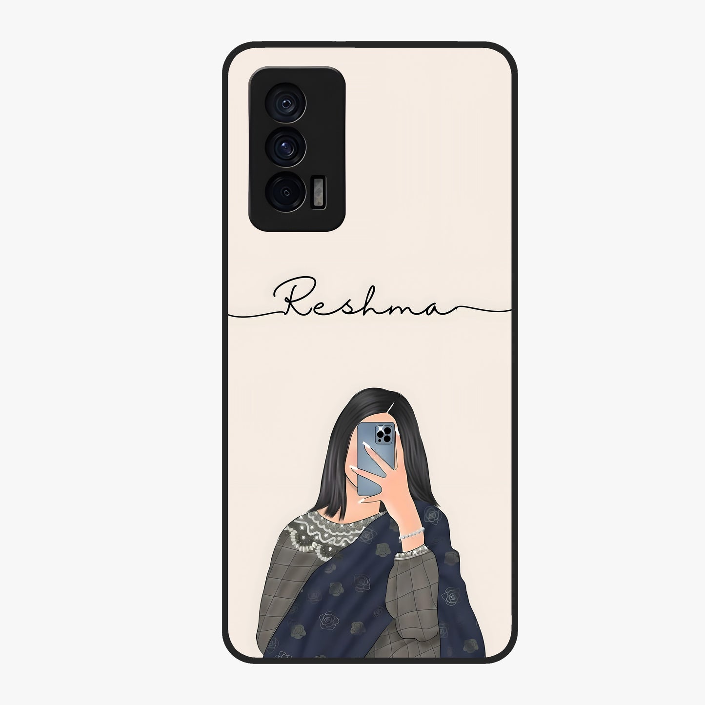 Mirror Mood Muse With Custom Name Glass Case showing flat back view with stylish mirrored artwork and personalized name design.