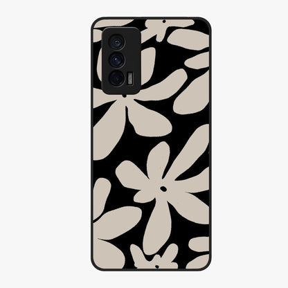 Monochrome Petal Dance Glass Case showing flat back view with monochrome floral artwork and glossy glass finish.
