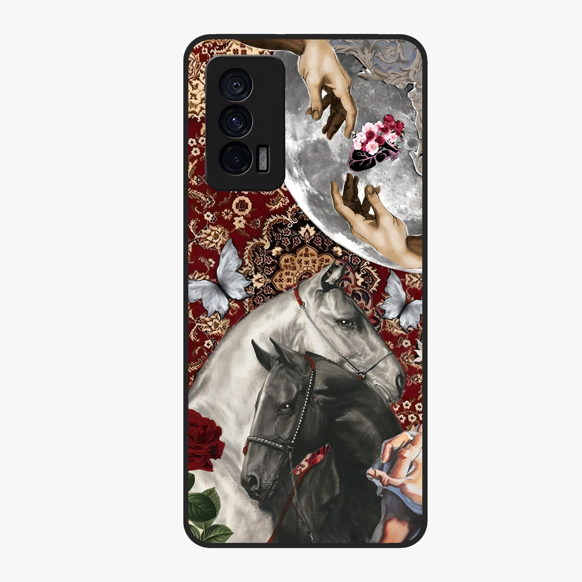 Moonlit Royal Stallion Glass Case showing flat back view with majestic horse under moonlight artwork and glossy glass finish.