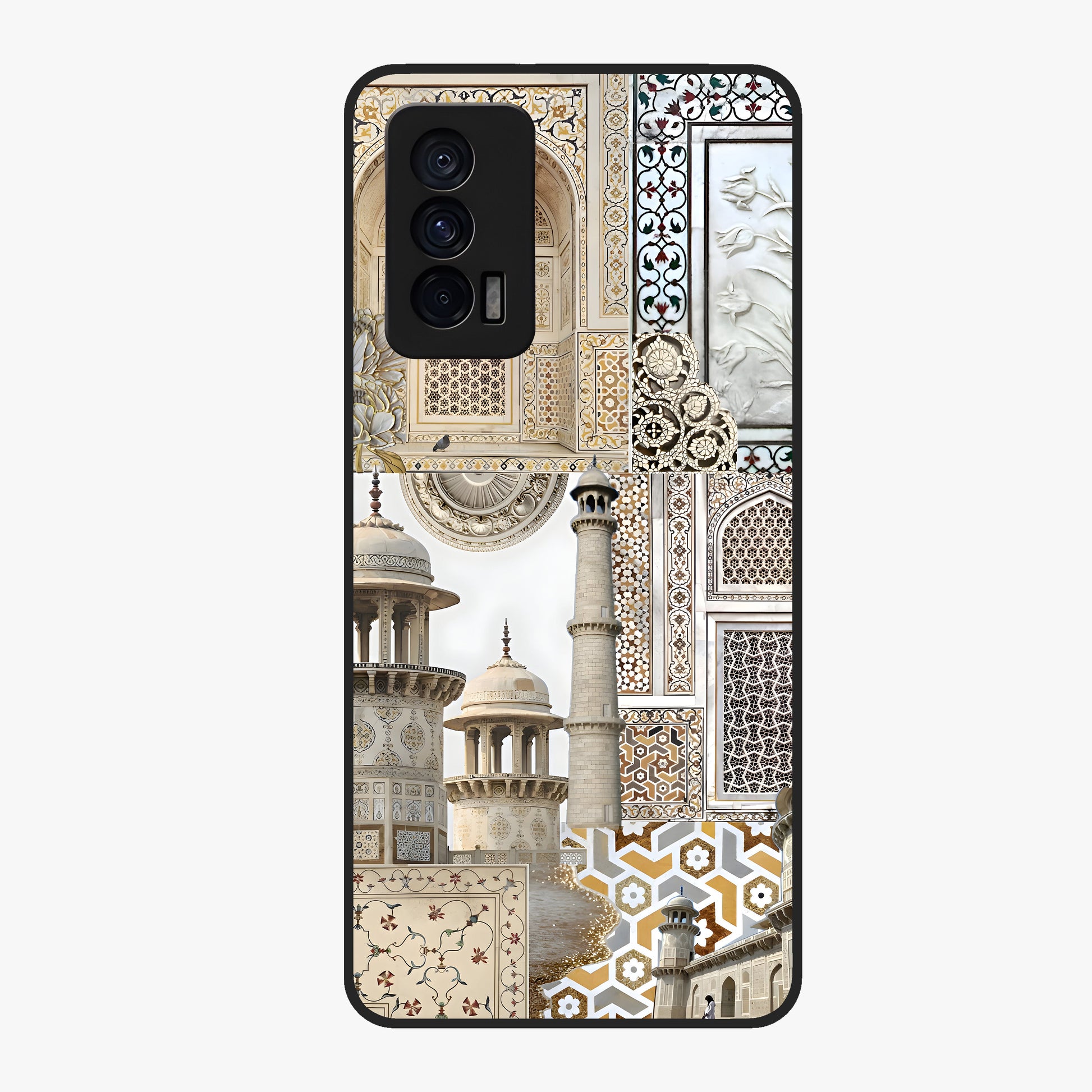 Mughal Marble Legacy Glass Case showing flat back view with intricate Mughal inspired marble pattern and glossy glass finish.