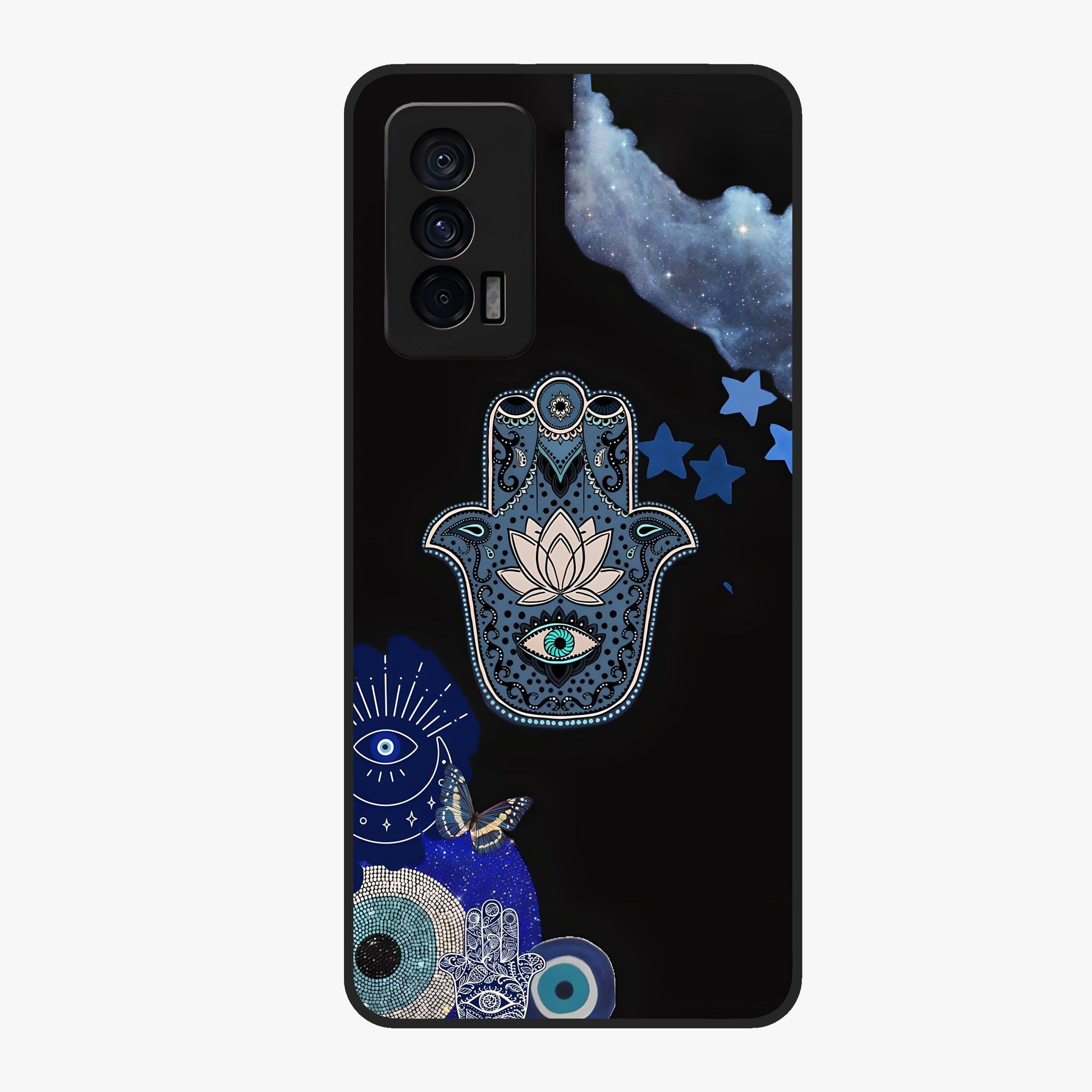 Mystic Hand Aura Glass Case showing flat back view with mystical hand symbol artwork and glossy glass finish.