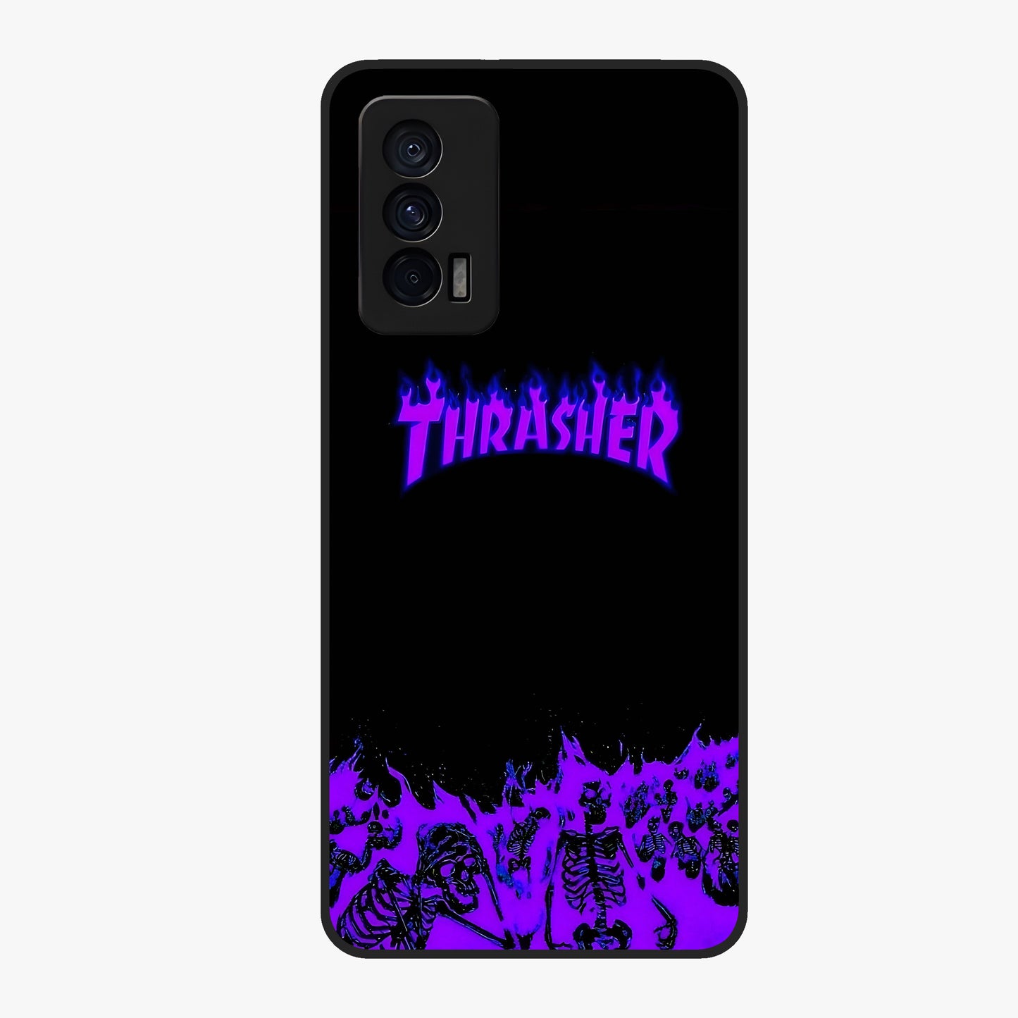 Neon Flame Riot Glass Case showing flat back view with neon flame artwork and glossy glass finish.