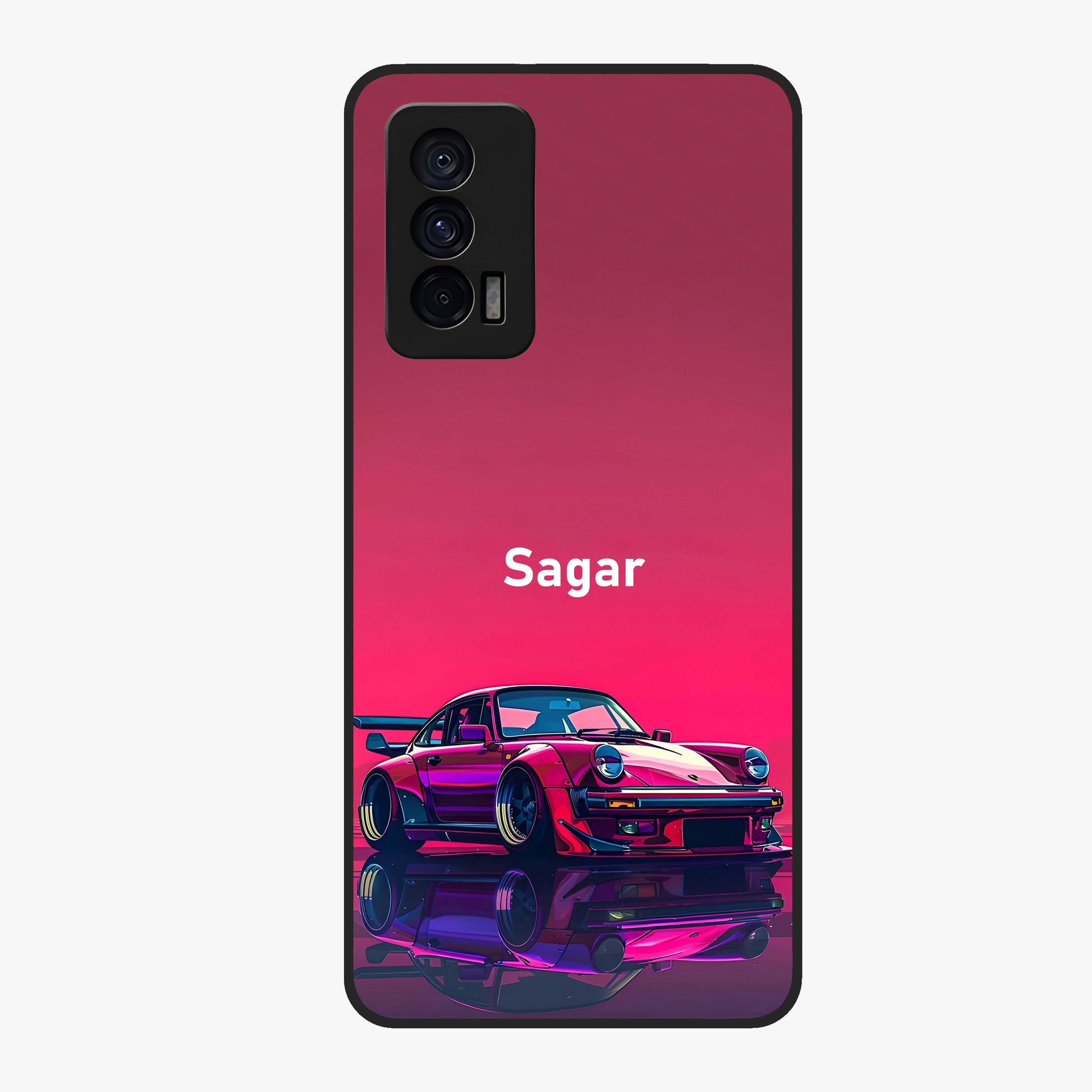 Neon Pink Porsche Glass Case showing flat back view with stylish sports car artwork and glossy glass finish.