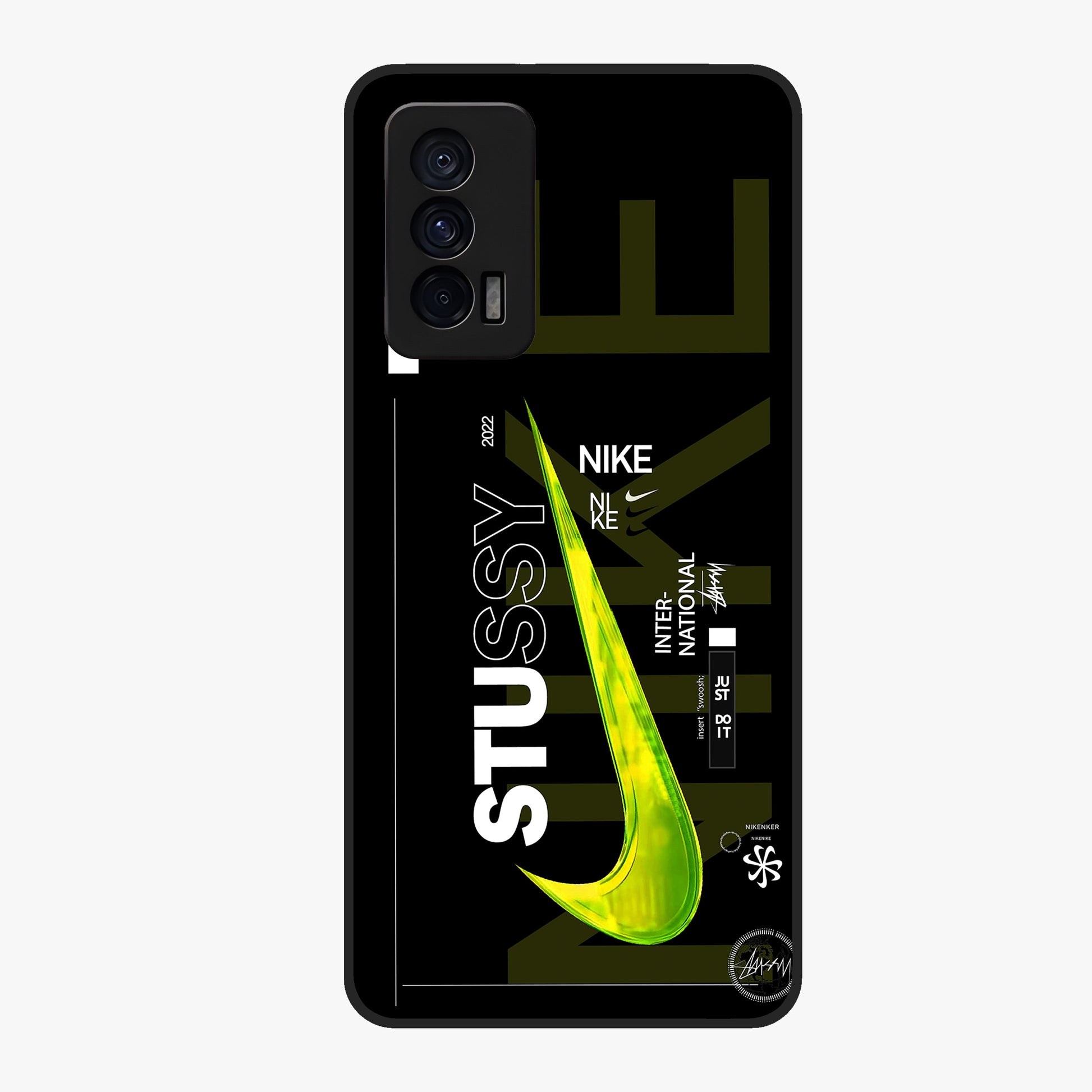 Neon Street Edition Glass Case showing flat back view with neon street style artwork and glossy glass finish.