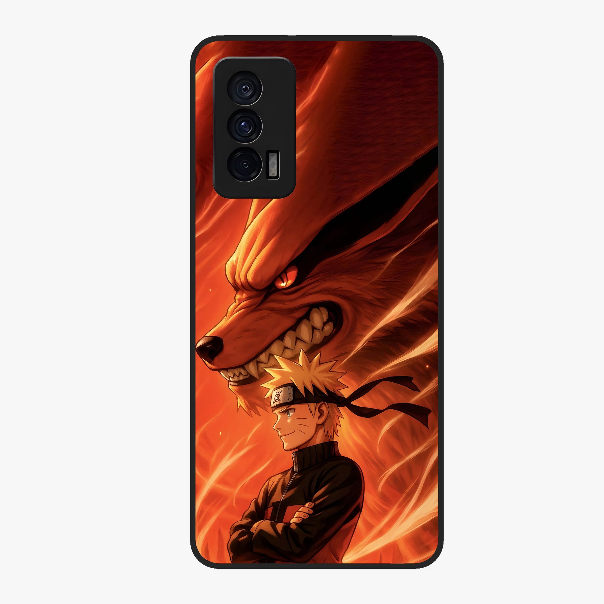 Nine Tails Legacy Glass Case showing flat back view with powerful nine-tailed fox inspired artwork and glossy glass finish.