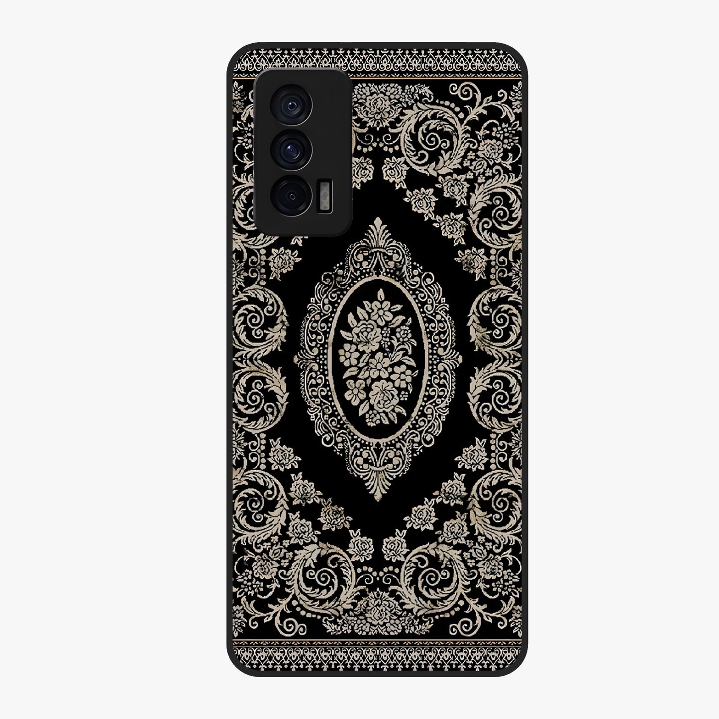 Noir Bloom Elegance Glass Case showing flat back view with elegant dark floral artwork and glossy glass finish.