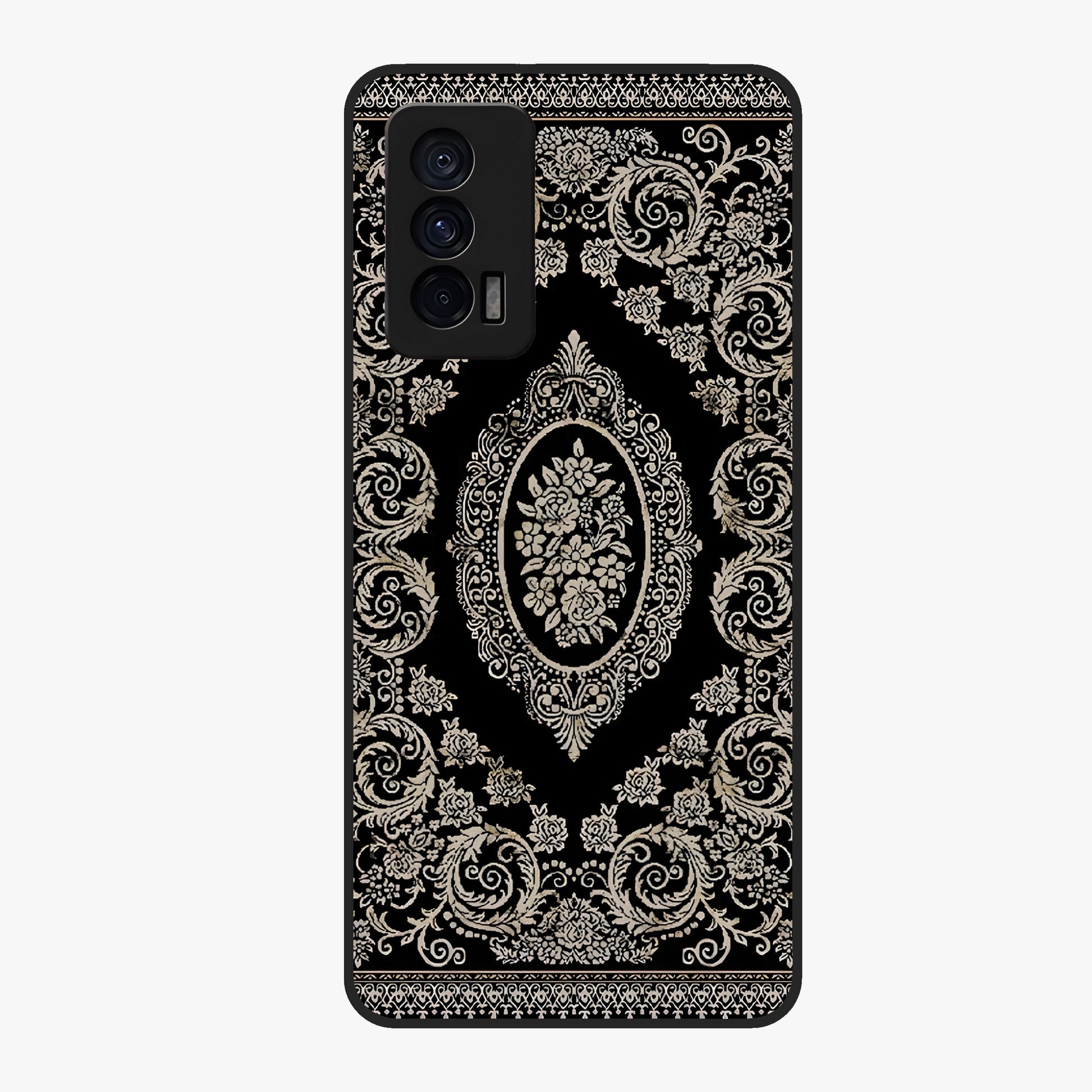 Noir Bloom Elegance Glass Case showing flat back view with elegant dark floral artwork and glossy glass finish.